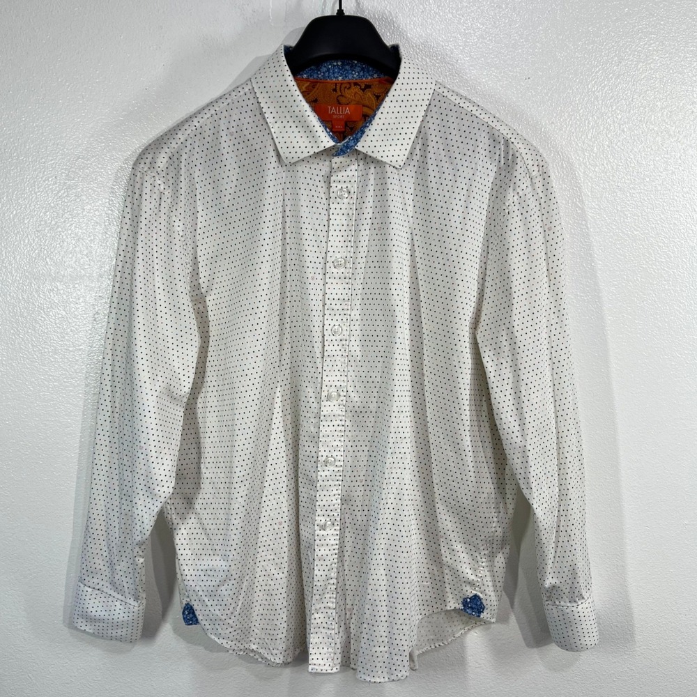 Tallia Sport Dress Shirt XXL White Blue Dotted Floral Cuff Paisley Collar Preppy